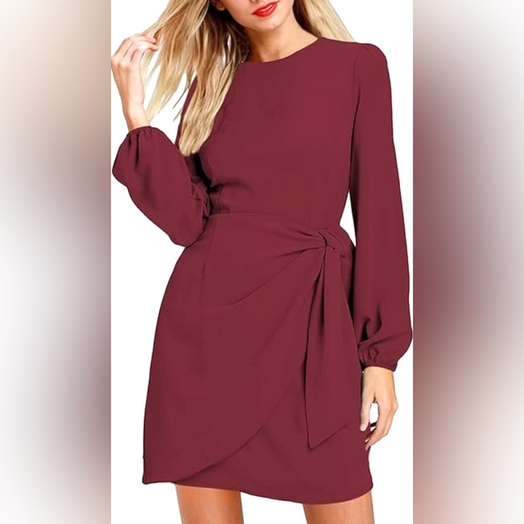 Lulu’s wine red skater dress with front tie wrap and long sleeves mid thigh - Picture 5 of 14